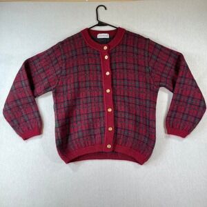 Vintage Edinburgh Cardigan Women M Mohair Blend Plaid Sweater Red Green 1990s